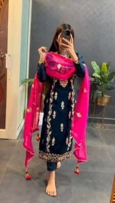 全新 重蓝色 Chinon 丝绸 Salwar Kameez 带人造 Georgette Dupatta 婚礼用 — 第 1/4 张图片