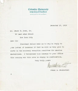COLUMBIA UNIV. Sec. & Provost FRANK D. FACKENTHAL 1919 SIGNED LETTER - Pulitzer - Picture 1 of 1