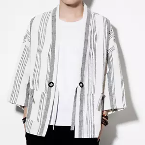 Men Striped Kimono Cardigan Coat Jacket Japanese Retro Haori Yukata Casual - Picture 1 of 14