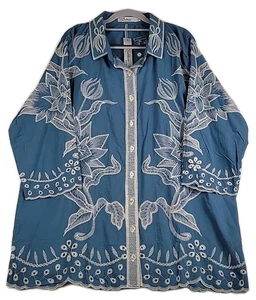 Solitario donna 2X blusa blu/teal ricamata top occhiello boho cottagecore - Foto 1 di 15