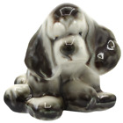 Vintage 1980s Ceramic Basset Hound Puppy Dog Figurine Black White Sad Face 4"