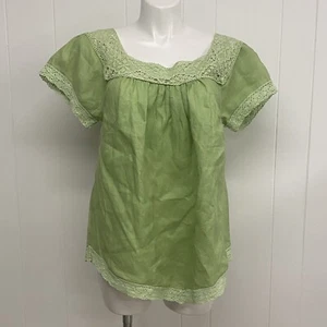 Autograph Woman Top Womens Plus 1X Green Linen Crochet Lace Trim Short Sleeve - Picture 1 of 10