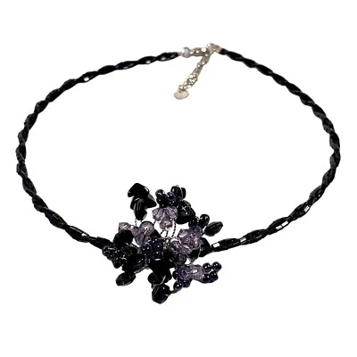 Colar Gargantilha Floral Gótico Punk 12" Contas de Vidro Preto Quartzo Ônix Colar de Flores - Imagem 1 de 4