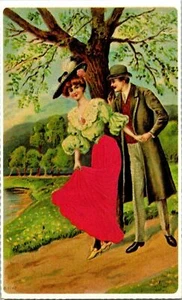 Pintura postal de caballero ayudando a dama por el camino junto a un árbol [677] - Imagen 1 de 2
