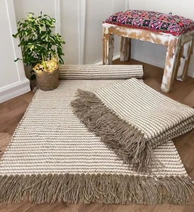 Rug Natural Rugs Soft Cotton Jute Stripe Mat Beige Tassels Small Large Mats - Picture 1 of 36