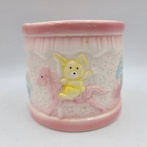 VTG Round Planter Rabbit Teddy Bear Horse Baby Shower Floral 4" Blue Pink Yellow - Picture 1 of 10
