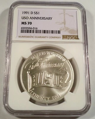 1991-D NGC MS70 SILVER DOLLAR USO 50th ANNIVERSARY MS 70 COMMEMORATIVE BU S$1 - Image 1 of 4