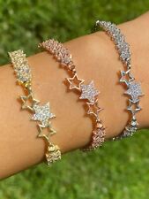Real 925 Sterling Silver Yellow Rose Gold Plated Baguette Star Shape CZ Bracelet