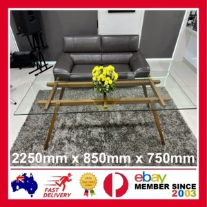 Modern 12 x Seater Glass Dinig Table with Wood Frame 2250mm x 850mm x 750mm VGC - Picture 1 of 19