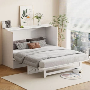 Queen Size Cabinet Murphy Bed /Large Drawers/Charging Station Space-Saving White - Picture 1 of 12