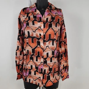 Vintage 1970s Division II Orange Pink Long Sleeve Silk Disco Blouse Womens 10 - Picture 1 of 13