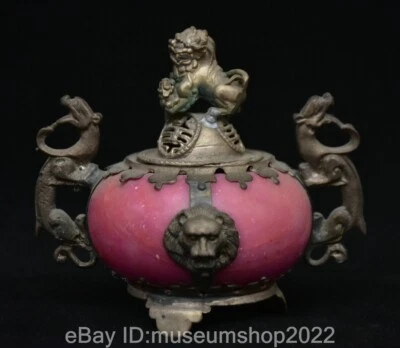 Quemador de incienso León mango dragón dinastía jade rojo incrustación de plata china antigua de 4" Foto 1 de 4