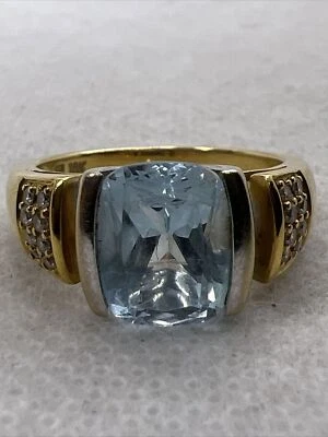 HERMOSO Anillo Damas Topacio Azul Suizo y Diamantes Oro Sólido 18K Dos Tonos 6.9gr. Foto 1 de 4