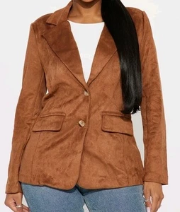 Fashion Nova Women's Western Outing Faux Suede Camel Brown Blazer Size M *NEW* - Picture 1 of 13