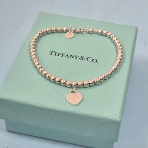Tiffany & Co. Return To Sterling Silver Mini Heart 4mm Bead Bracelet Size 7.5" - Picture 1 of 8