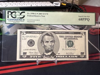 🤩  2003 $5 FW  Federal Reserve Star Note - DL /⭐️* PCGS Superb Gem 68 PPQ - Image 1 of 4