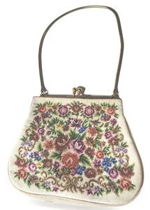 Vintage 50s Petit Point Floral Needlepoint Floral Micro Embroidery Purse MCM - Picture 1 of 9