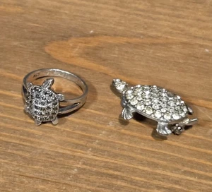 (2) Vintage 925 Sterling Silber Markasiten Schildkröte Ring & Strass Pin - Bild 1 von 8