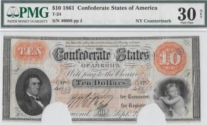 Rare! NY Countermark Paper T-24 PF-10 1861 $10 Confederate Currency PMG VF30 COC - Picture 1 of 7