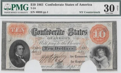 Rare! NY Countermark Paper T-24 PF-10 1861 $10 Confederate Currency PMG VF30 COC - Image 1 of 4