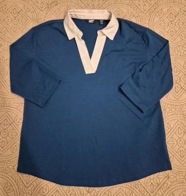 Polo Land's End para mujer cuello en V manga 3/4 azul cuello blanco algodón Foto 1 de 4