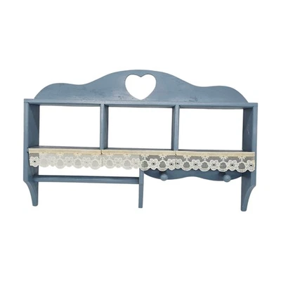 Vintage Wood Heart Cutout Wall Shelf 17" Blue Country Cottage Towel Holder Pegs - Image 1 of 4