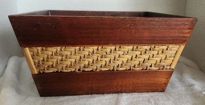 Wooden Trapezoid Box With Rattan Accents - Measures 11"L  X 9"W X 5"H - Image 1 of 4