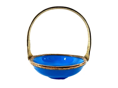 CHINESE PEKING GLASS BASKET TURQUOISE w INCISED COPPER RIM & ETCHED BRASS HANDLE - Image 1 of 4