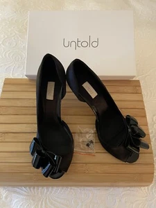 UNTOLD Sz 38 Uk 5 Black Satin & Patent Split Bow detail Heels - Picture 1 of 8