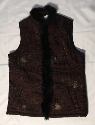 Chaleco acolchado acolchado con cremallera completa de bronce Chico's para mujer cuello de piel sintética usado Foto 1 de 4