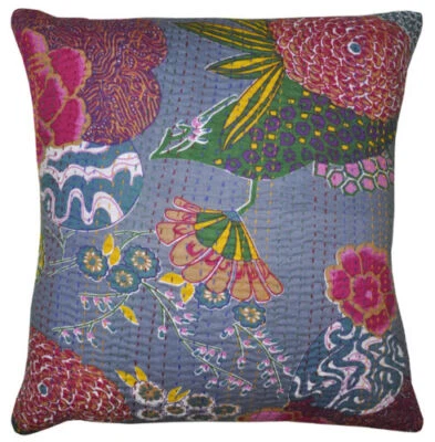 16'' INDIAN CUSHION COVER PILLOW CASE KANTHA WORK FLORAL ETHNIC THROW DECOR ART - Image 1 of 2