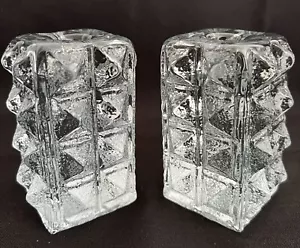 Blenko Art Vetro Diamante Pilastro Candelabri 1980 Pastore Set di 2 Vintage - Foto 1 di 6