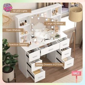 7 Drawers Large Dressing Table With LED Lights Makeup Mirror Vanity Makeup Desk - Picture 1 of 12