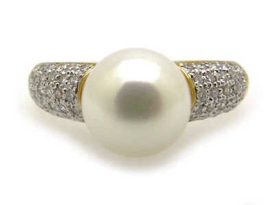 18k Yellow Gold 9mm Pearl Round Diamond Cluster Band Ring Size 6.5 - Image 1 of 4