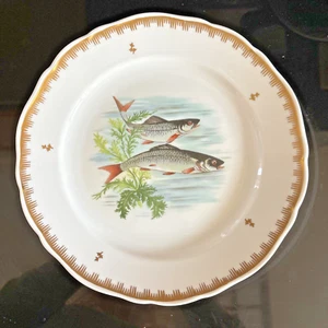 Plato de cena de porcelana pintado a mano con patrón de pescado hecho en Francia borde dorado - Imagen 1 de 6
