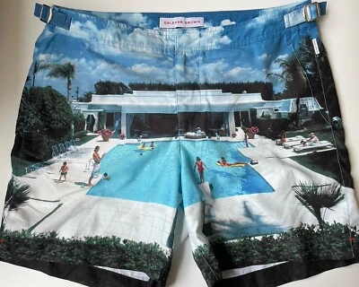 ORLEBAR коричневый фотографический бассейн печати бульдог синий плавки $360 Sz 32 - Изображение 1 из 4