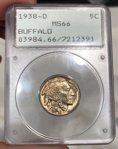 1938-D Buffalo Nickel graded MS66 by PCGS Rattler Holder Nice Coin - Picture 1 of 2