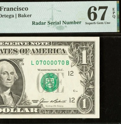 1985 $1 Federal Reserve Note PMG Gem 67EPQ - Fancy Radar Serial Number 07000070 - Image 1 of 3