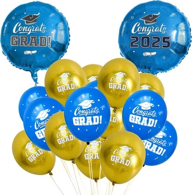 Juego de globos de graduación 2025 - azul y dorado lámina de 18" y látex de 12" con cintas para Foto 1 de 4