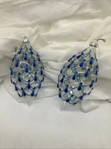 2 Handblown Glass Teardrop Christmas Ornament Clear/Royal Blue Rhinestones - Picture 1 of 5