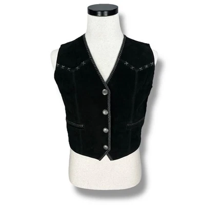 Cripple Creek Western Biker Vest Women’s Medium Black Suede Leather Button Front - Image 1 of 4