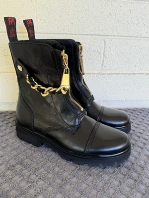 Bota de tornozelo feminina Zadig & Voltaire couro preto Joe Cecilia corrente dourada EUA 10 - Imagem 1 de 4