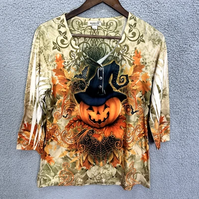 OneWorld Halloween Top M Pumpkin Witch Hat Fall Leaves Gothic Whimsigoth Boho - Image 1 of 4