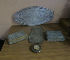 Lot Of 5 Vintage Indo Persian Silver on Copper  Hand Chased Tray Box Handmade - Picture 1 of 21
