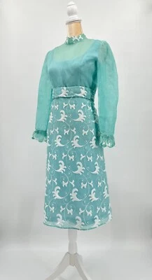 60s-70s Cocktail Pencil Dress SZ 6 Aqua Chiffon Embroidered Scallop Band-Collar - Image 1 of 4