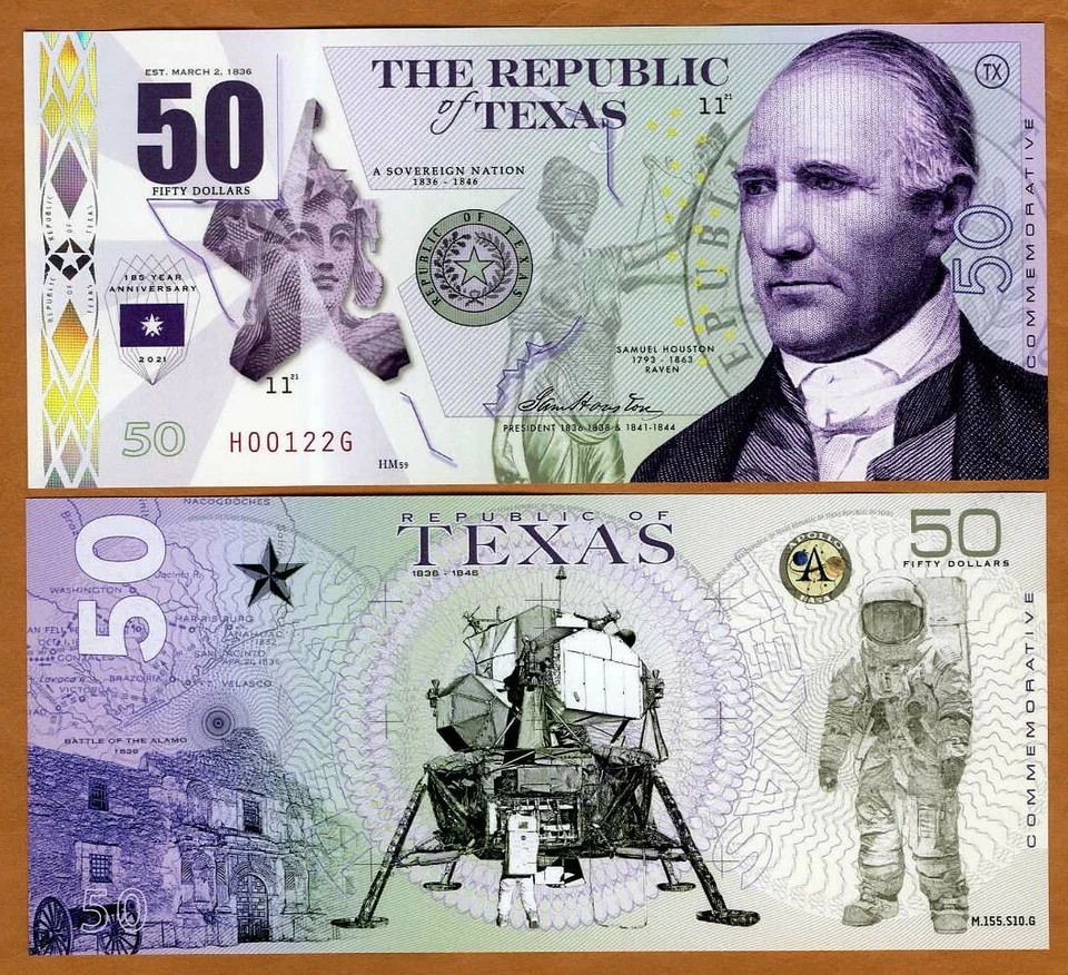 Republic of Texas, $50, Polymer, 2021, UNC Samuel Houston, The Alamo - Image 1 of 1