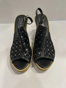 Italian Shoe Maker Wedge Sandals Size 8.5 Black Leather Rhinestone - Picture 1 of 6