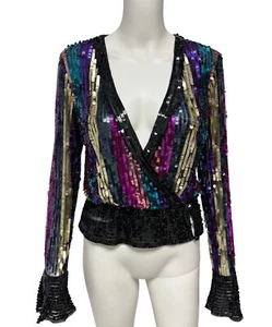 Asos women's sequin v neck top long sleeve multicolor open back size 6 - Picture 1 of 10