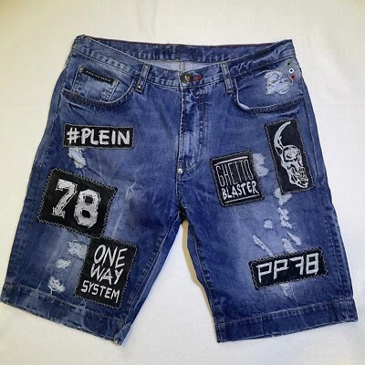 Pantalones cortos de mezclilla Phillip Plein para hombre talla 34 pantalones desgastados de diseñador raros Foto 1 de 4
