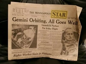 Gemini Orbiting 1965 The Minneapolis  Star Newspaper Two Pages Only bent pages - Picture 1 of 5